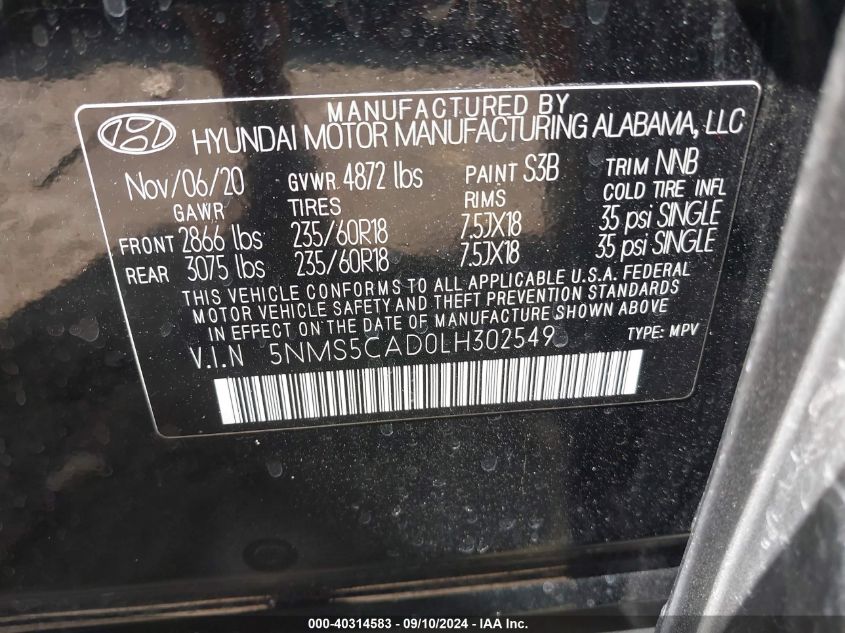 2020 Hyundai Santa Fe Limited VIN: 5NMS5CAD0LH302549 Lot: 40314583