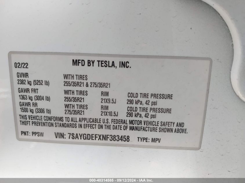 2022 Tesla Model Y VIN: 7SAYGDEFXNF383458 Lot: 40314585