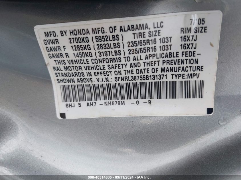 2005 Honda Odyssey Ex-L VIN: 5FNRL38755B131371 Lot: 40314605