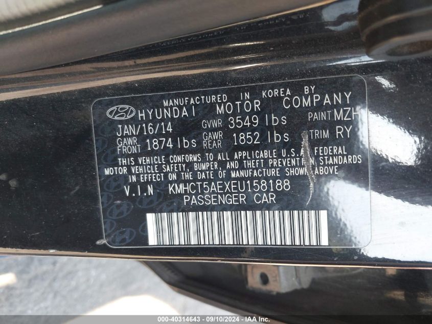 2014 Hyundai Accent Gs VIN: KMHCT5AEXEU158188 Lot: 40314643