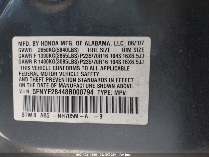 2008 Honda Pilot Ex VIN: 5FNYF28448B000794 Lot: 40314660