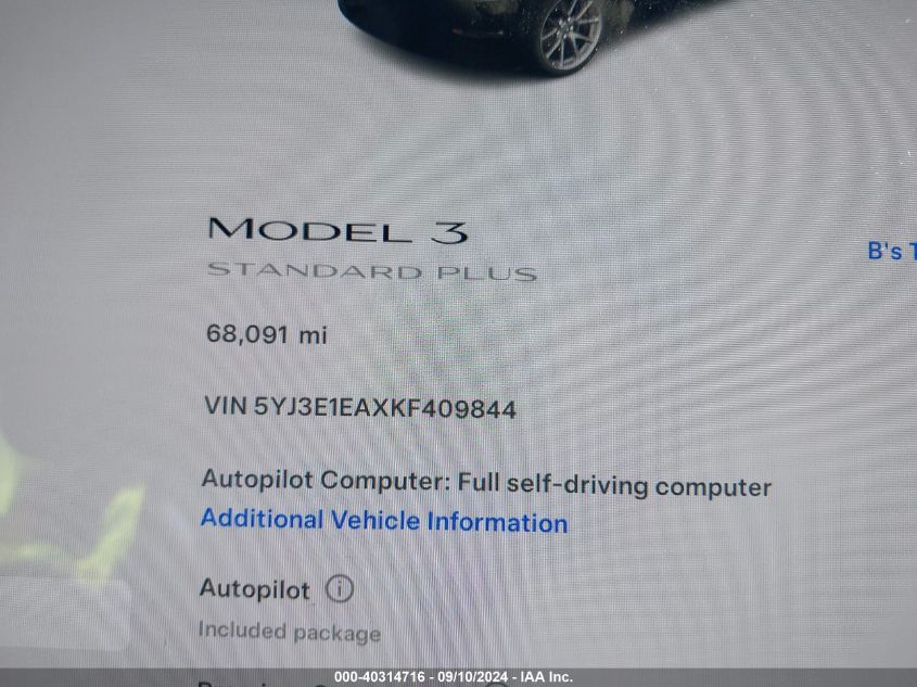 2019 Tesla Model 3 Long Range/Mid Range/Standard Range/Standard Range Plus VIN: 5YJ3E1EAXKF409844 Lot: 40314716