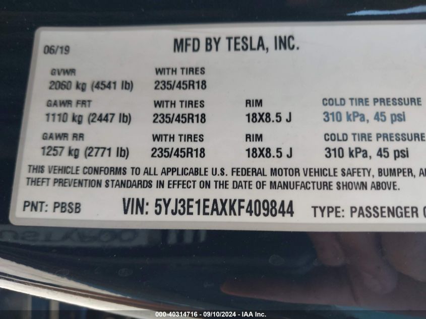 2019 Tesla Model 3 Long Range/Mid Range/Standard Range/Standard Range Plus VIN: 5YJ3E1EAXKF409844 Lot: 40314716