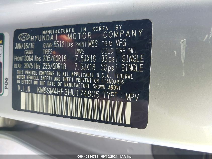 2017 HYUNDAI SANTA FE SE - KM8SM4HF3HU174805