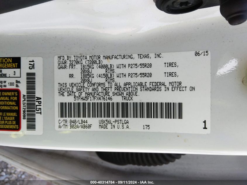 5TFHW5F17FX476146 2015 Toyota Tundra Limited 5.7L V8