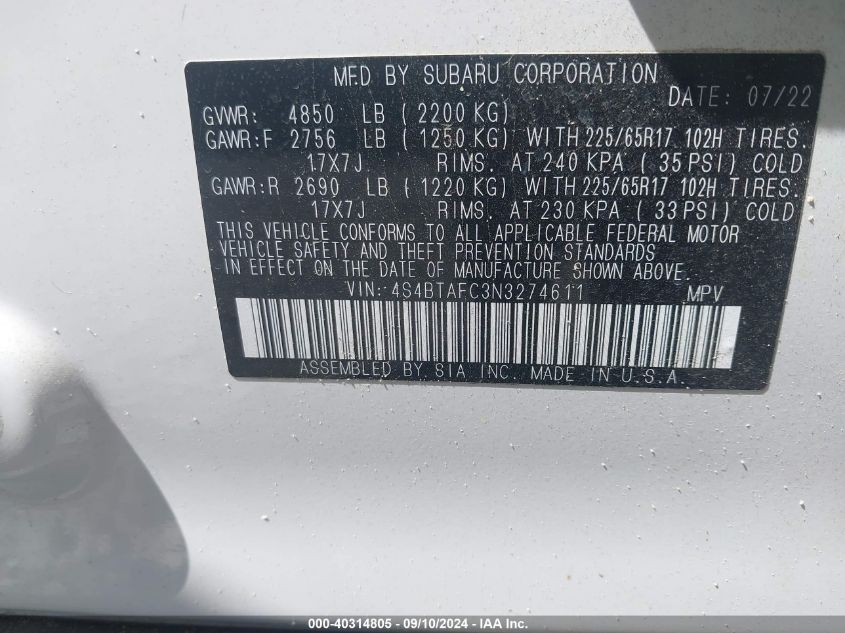 4S4BTAFC3N3274611 2022 Subaru Outback Premium