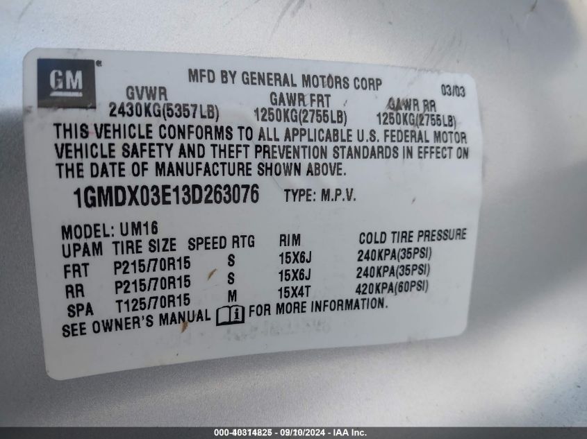 1GMDX03E13D263076 2003 Pontiac Montana M16 W/1Sa Pkg.