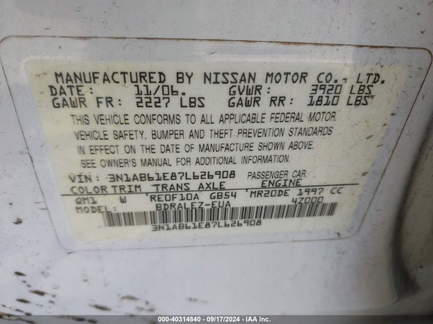 3N1AB61E87L626908 2007 Nissan Sentra 2.0S