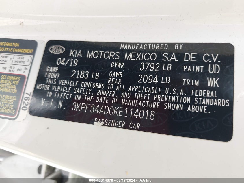 2019 KIA FORTE S - 3KPF34AD0KE114018