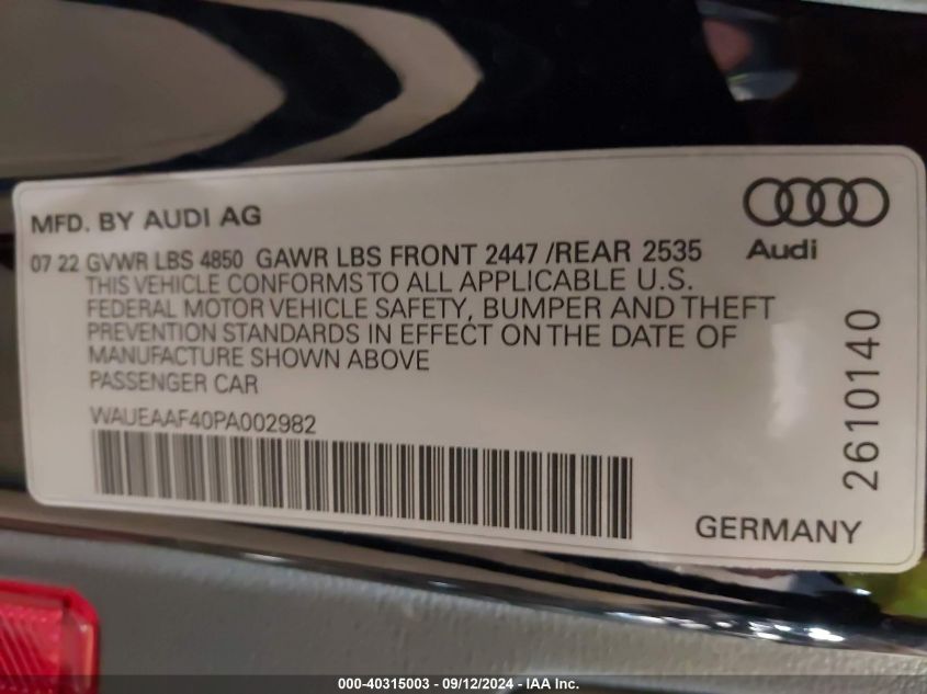 2023 Audi A4 Premium Plus 45 Tfsi S Line Quattro S Tronic VIN: WAUEAAF40PA002982 Lot: 40315003