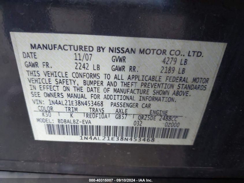 2008 Nissan Altima 2.5 S VIN: 1N4AL21E38N453468 Lot: 40315007