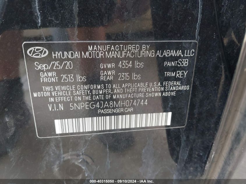 2021 Hyundai Sonata Se VIN: 5NPEG4JA8MH074744 Lot: 40315050