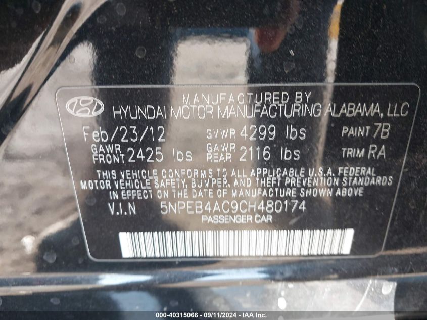 2012 Hyundai Sonata Gls VIN: 5NPEB4AC9CH480174 Lot: 40315066