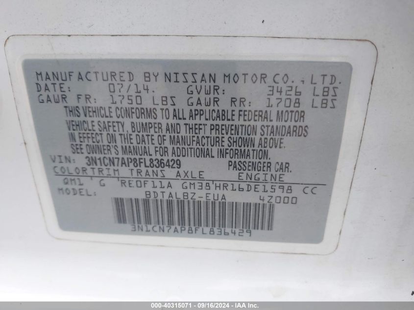 3N1CN7AP8FL836429 2015 Nissan Versa 1.6 Sv