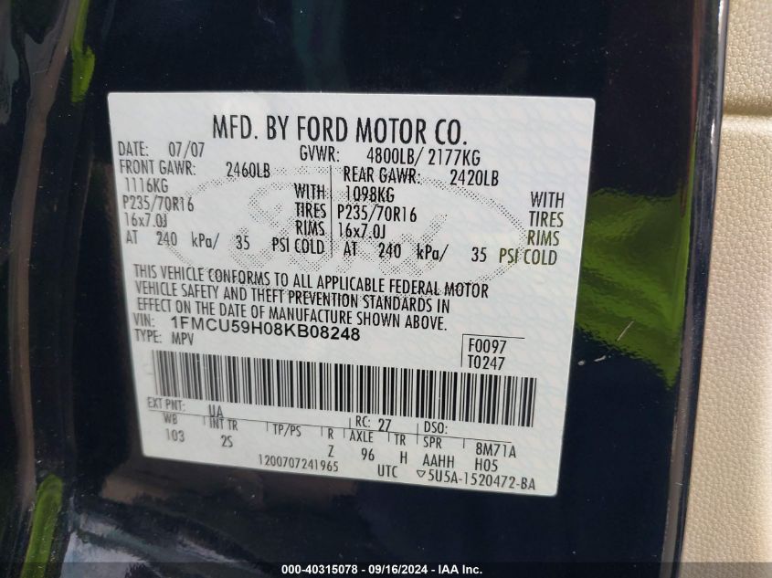 1FMCU59H08KB08248 2008 Ford Escape Hybrid