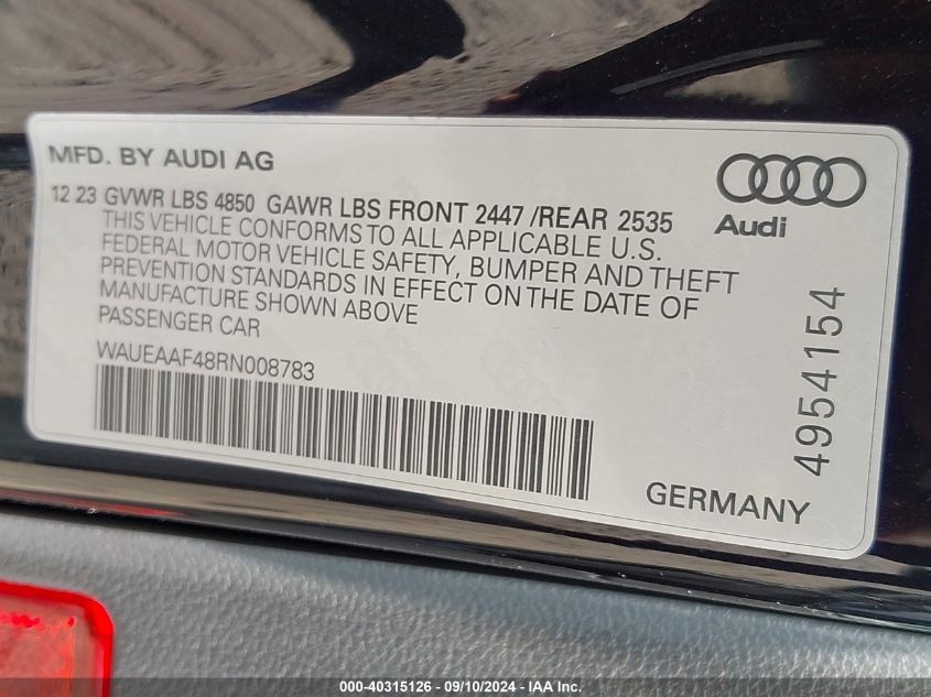 2024 Audi A4 Premium Plus 45 Tfsi S Line Quattro S Tronic VIN: WAUEAAF48RN008783 Lot: 40315126