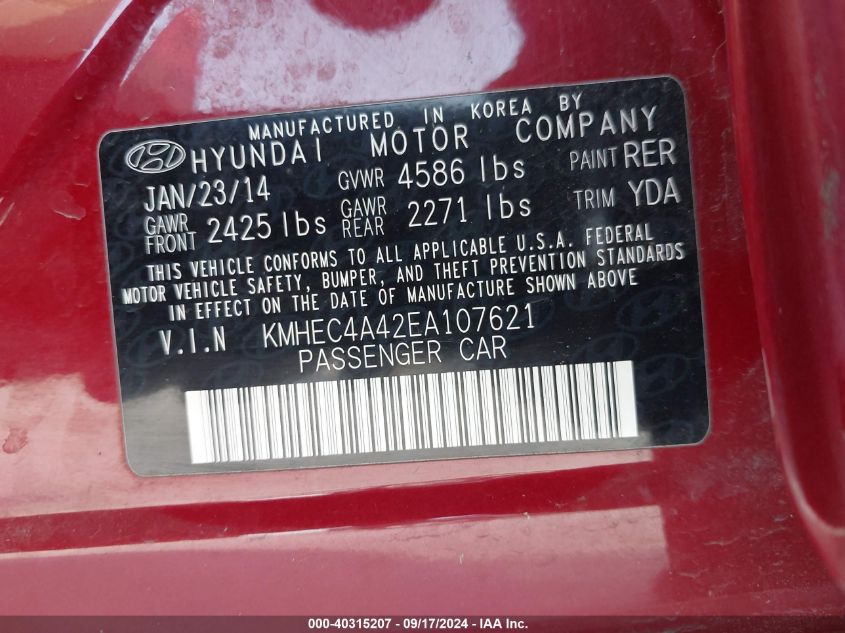 KMHEC4A42EA107621 2014 Hyundai Sonata Hybrid