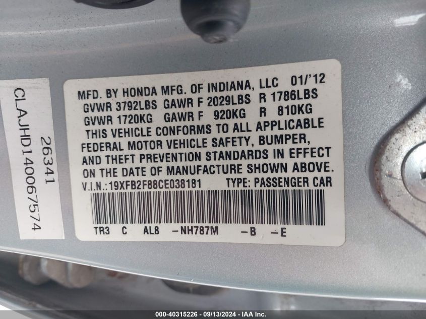 2012 Honda Civic Ex VIN: 19XFB2F88CE038181 Lot: 40315226