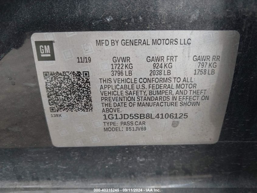 1G1JD5SB8L4106125 2020 Chevrolet Sonic Lt