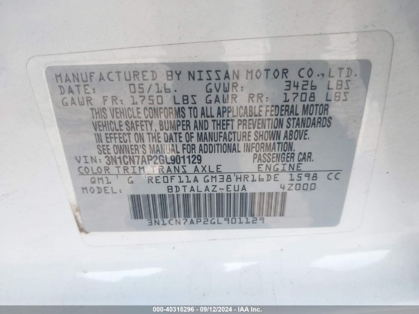 3N1CN7AP2GL901129 2016 Nissan Versa S/S Plus/Sv/Sl