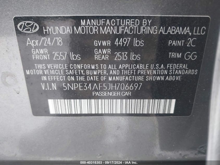 5NPE34AF5JH706697 2018 Hyundai Sonata Limited