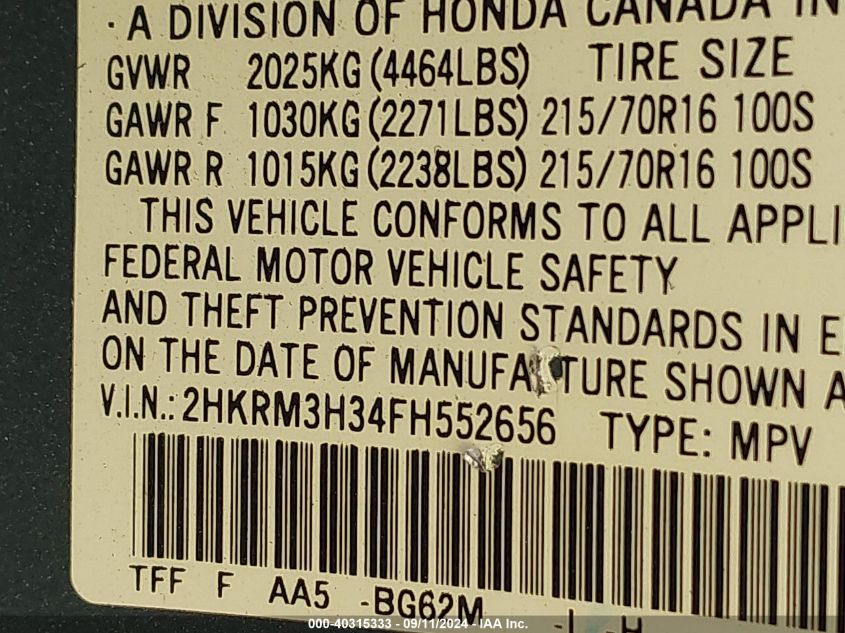 2015 Honda Cr-V Lx VIN: 2HKRM3H34FH552656 Lot: 40315333