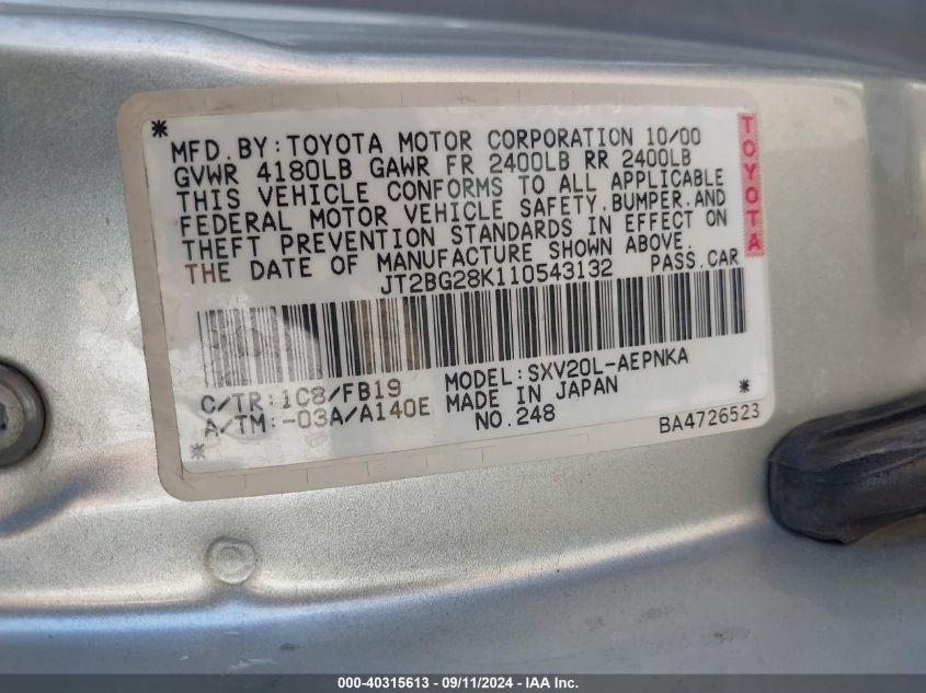 JT2BG28K110543132 2001 Toyota Camry Le