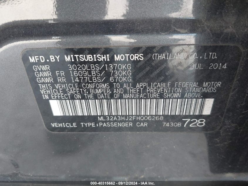 2015 Mitsubishi Mirage De VIN: ML32A3HJ2FH006268 Lot: 40315662