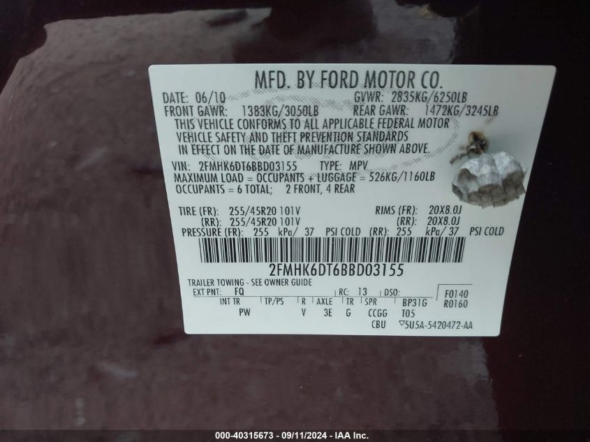 2FMHK6DT6BBD03155 2011 Ford Flex Limited