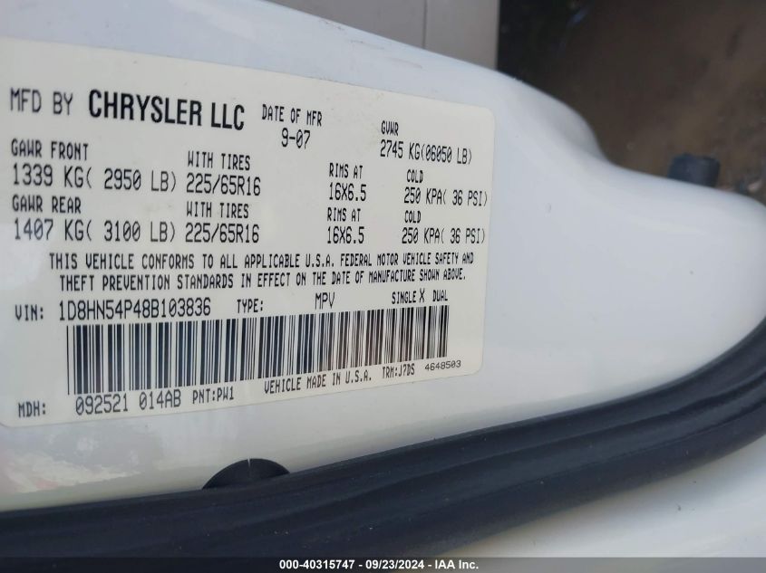 2008 Dodge Grand Caravan Sxt VIN: 1D8HN54P48B103836 Lot: 40315747