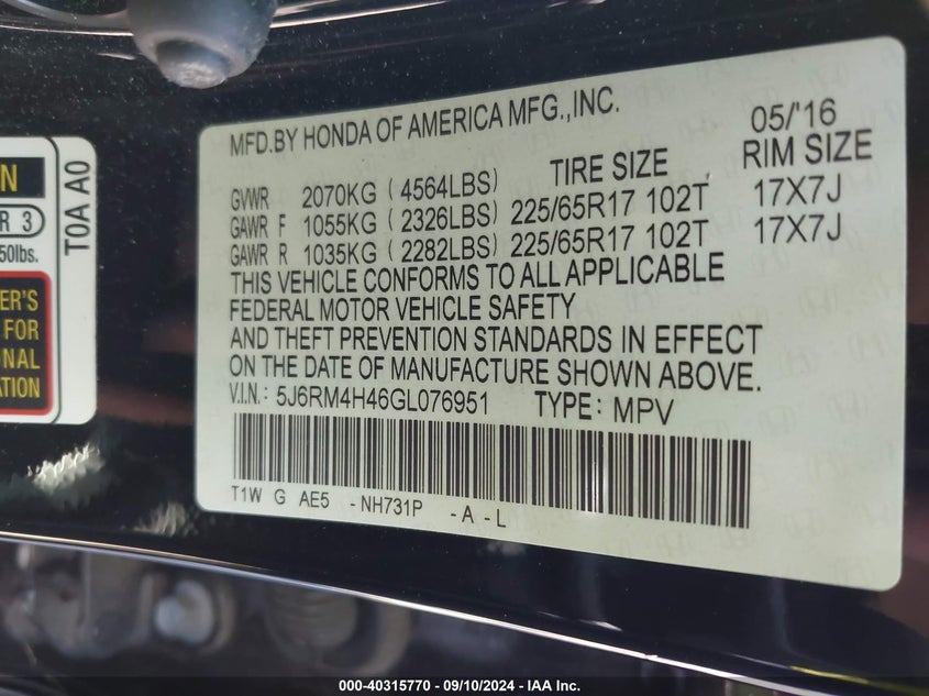 2016 HONDA CR-V SE - 5J6RM4H46GL076951