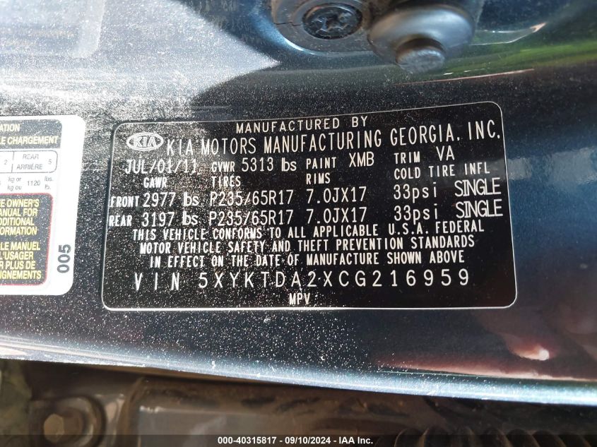 5XYKTDA2XCG216959 2012 Kia Sorento Lx