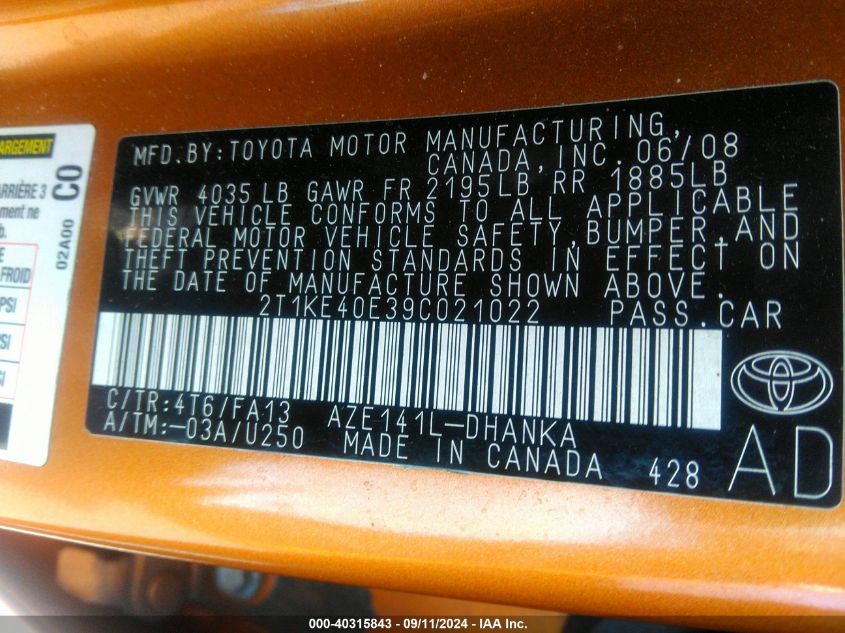 2T1KE40E39C021022 2009 Toyota Corolla Matrix S