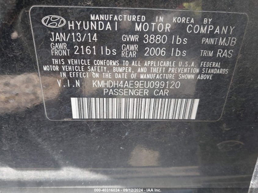 2014 Hyundai Elantra Se VIN: KMHDH4AE9EU099120 Lot: 40316024