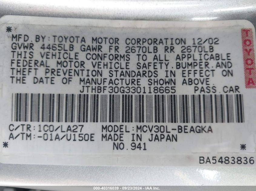 JTHBF30G330118665 2003 Lexus Es 300