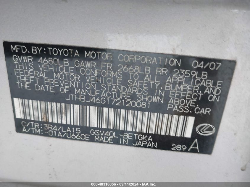 JTHBJ46G172120081 2007 Lexus Es 350