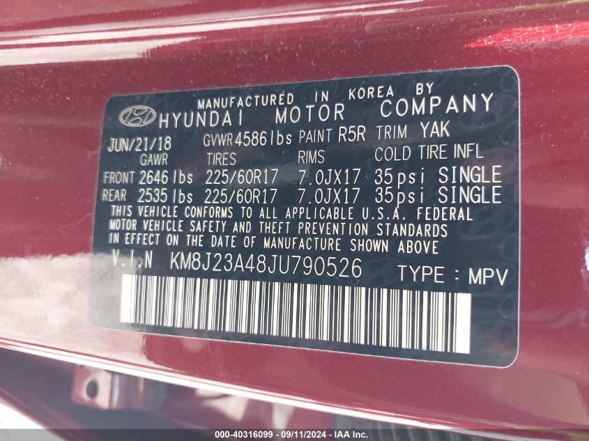 KM8J23A48JU790526 2018 Hyundai Tucson Se