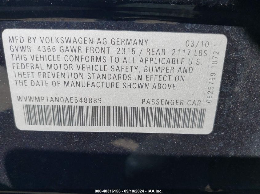 2010 Volkswagen Cc Sport VIN: WVWMP7AN0AE548889 Lot: 40316155