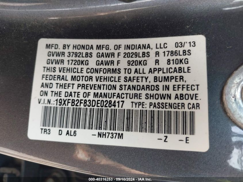 2013 Honda Civic Ex VIN: 19XFB2F83DE028417 Lot: 40316253