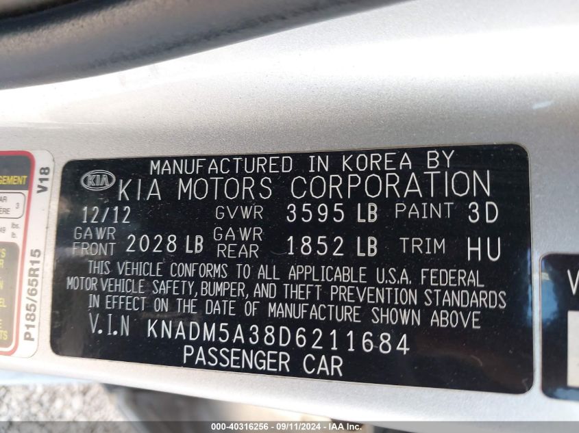 2013 Kia Rio VIN: KNADM5A83D6211684 Lot: 40316256