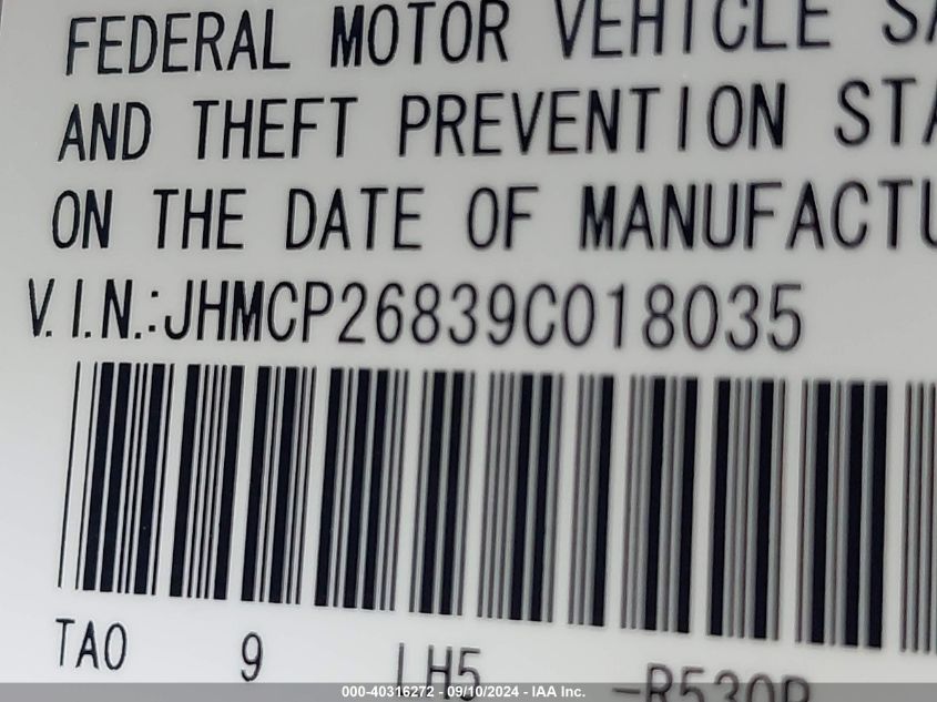 2009 Honda Accord 2.4 Ex-L VIN: JHMCP26839C018035 Lot: 40316272