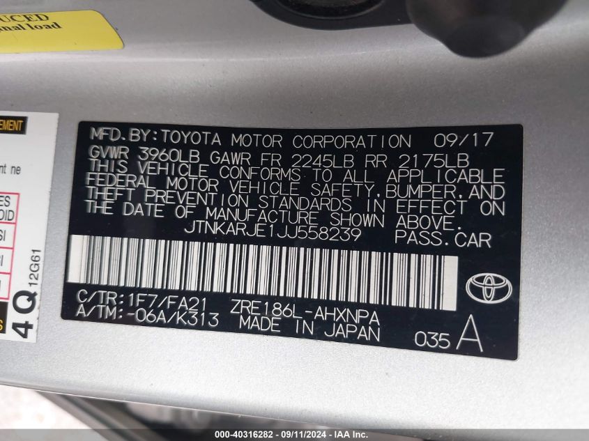 2018 Toyota Corolla Im VIN: JTNKARJE1JJ558239 Lot: 40316282