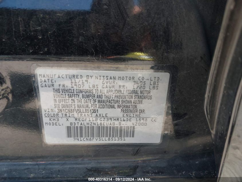 2020 Nissan Versa Sr Xtronic Cvt VIN: 3N1CN8FV5LL851351 Lot: 40316314