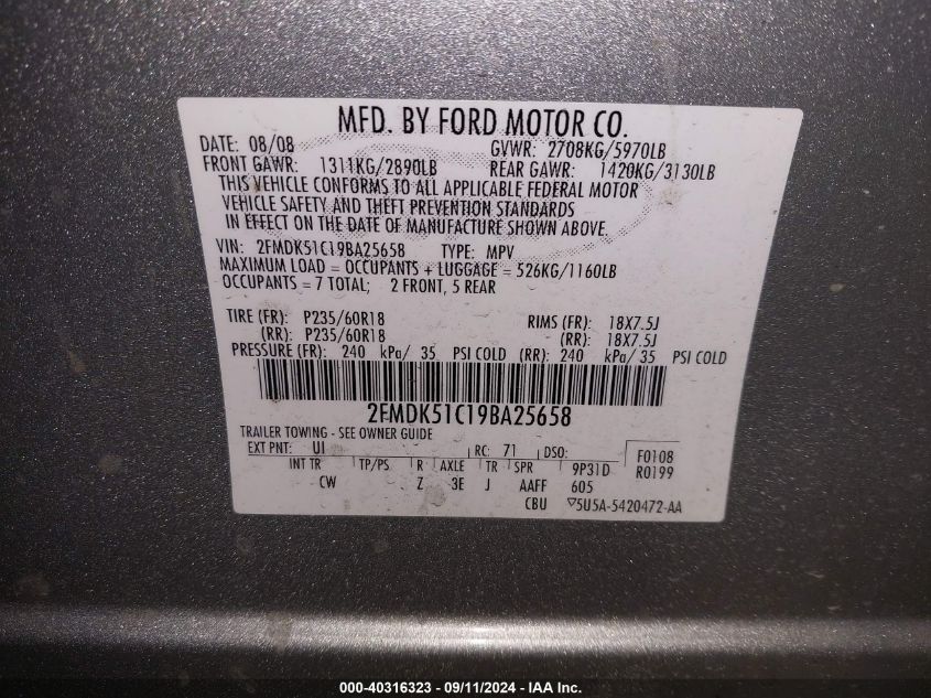 2FMDK51C19BA25658 2009 Ford Flex Se