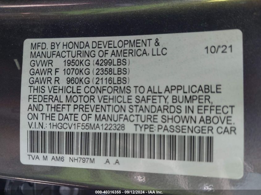 2021 Honda Accord Exl VIN: 1HGCV1F55MA122328 Lot: 40316355