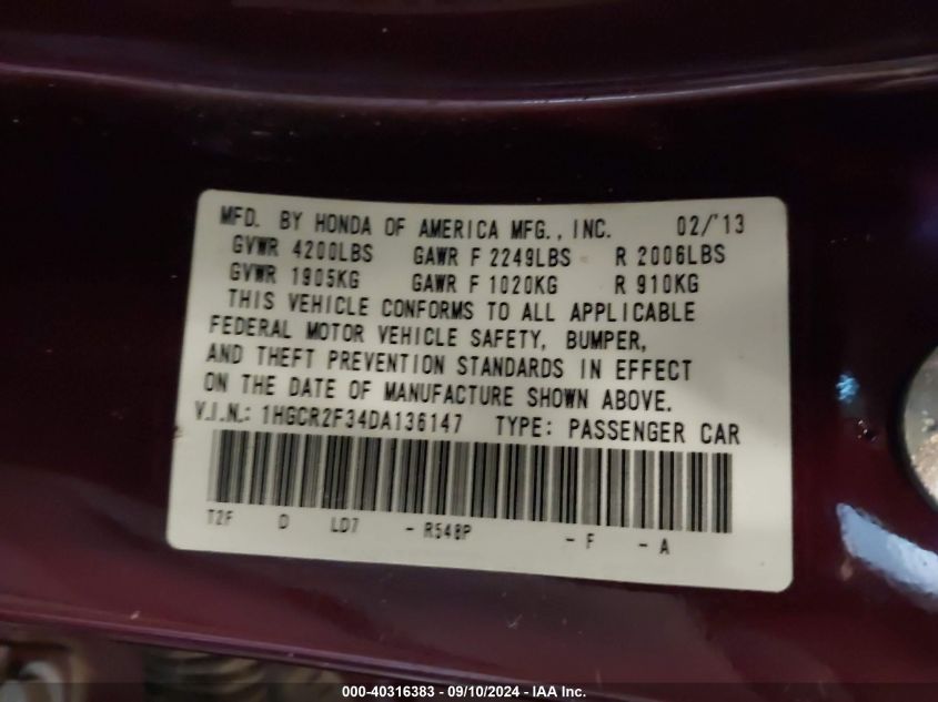 1HGCR2F34DA136147 2013 Honda Accord Lx