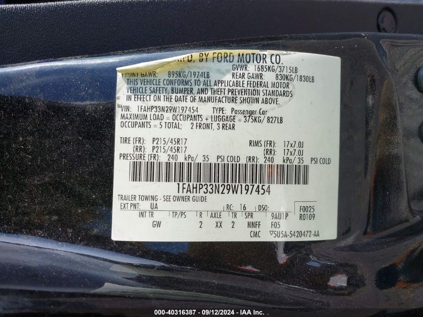 2009 Ford Focus Ses VIN: 1FAHP33N29W197454 Lot: 40316387