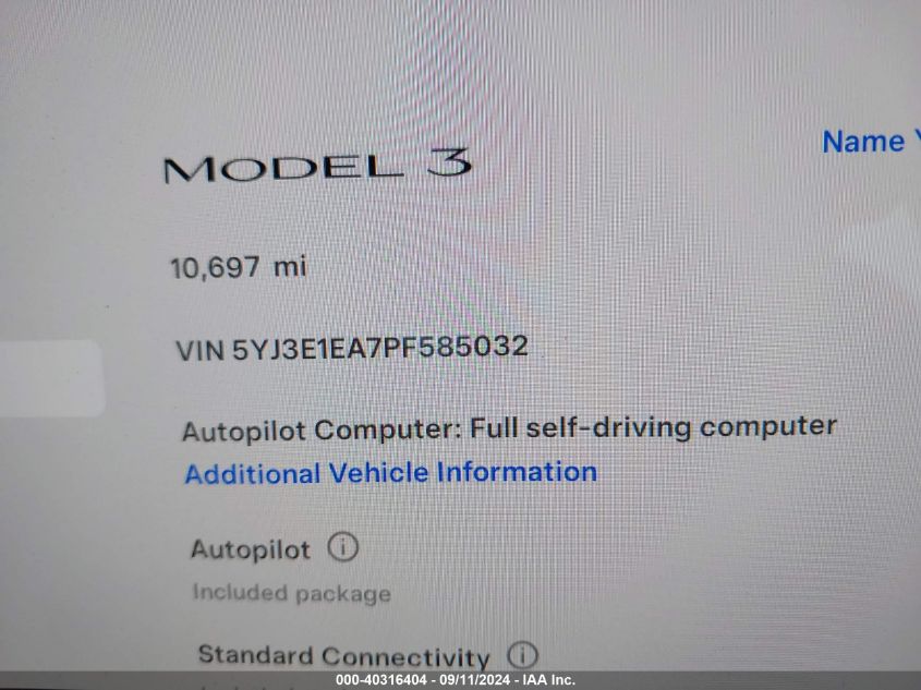 2023 Tesla Model 3 VIN: 5YJ3E1EA7PF585032 Lot: 40316404