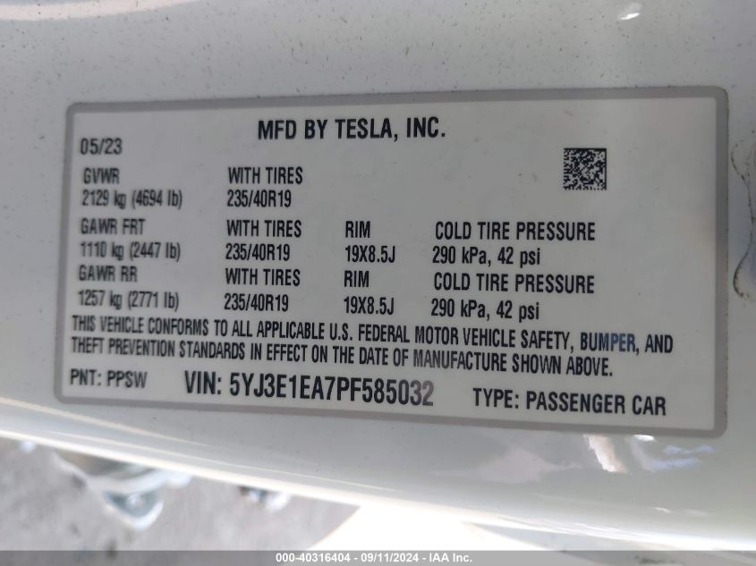 2023 Tesla Model 3 VIN: 5YJ3E1EA7PF585032 Lot: 40316404