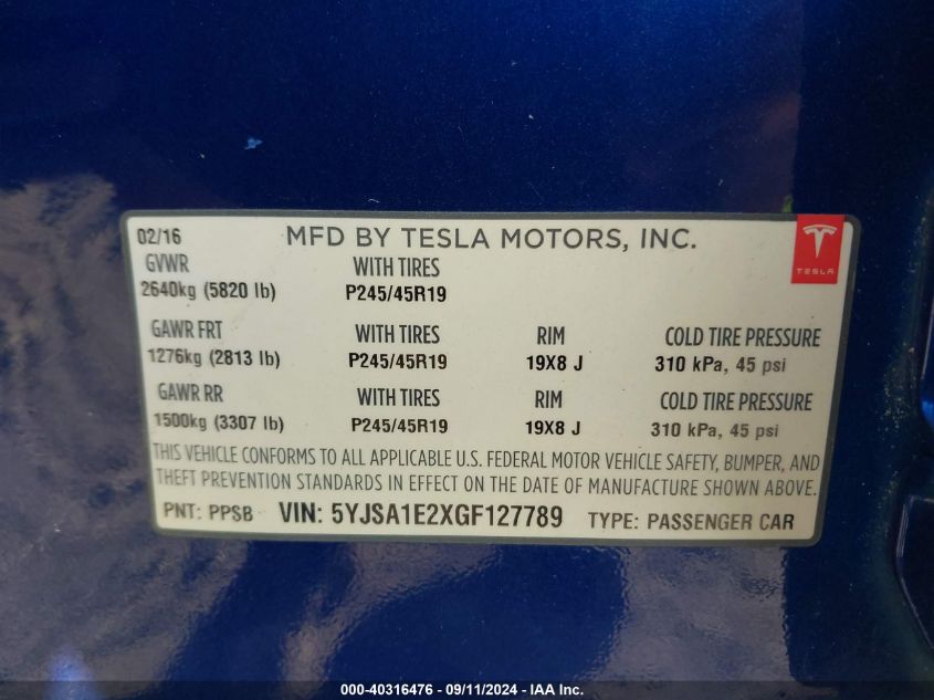 5YJSA1E2XGF127789 2016 Tesla Model S